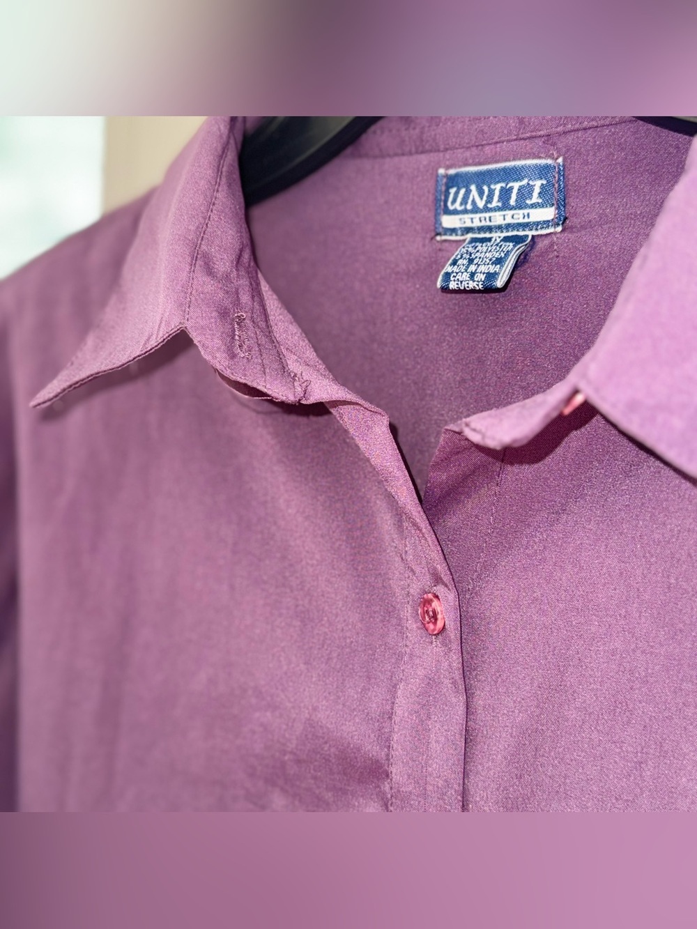 UNITI Women Plus Size 1X Stretch Button Up Shirt Plum Purple Roll Tab 3/4 Sleeve - Picture 2 of 12